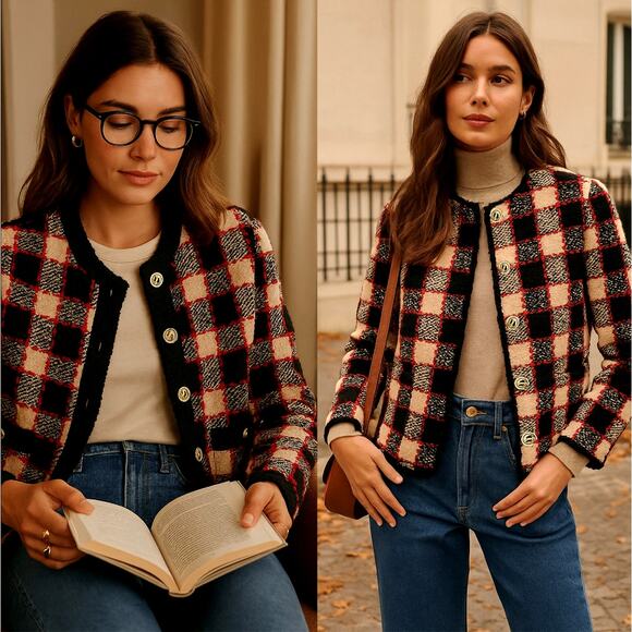 Sezane Jackets & Blazers - Sezane L Valerio Knit Lady Jacket Wool Checkered Boxy Blazer Gold Buttons Black